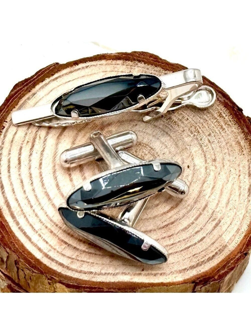 Mid-Century Hematite Glass Cufflinks & Tie Clip Set